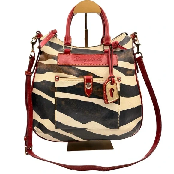 Rare Vintage Dooney & Bourke Zebra Red Trim Distressed Leather Safari Satchel - Picture 2 of 13